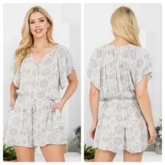Button Down Flare Sleeve Romper Shorts - Picture 2 of 7